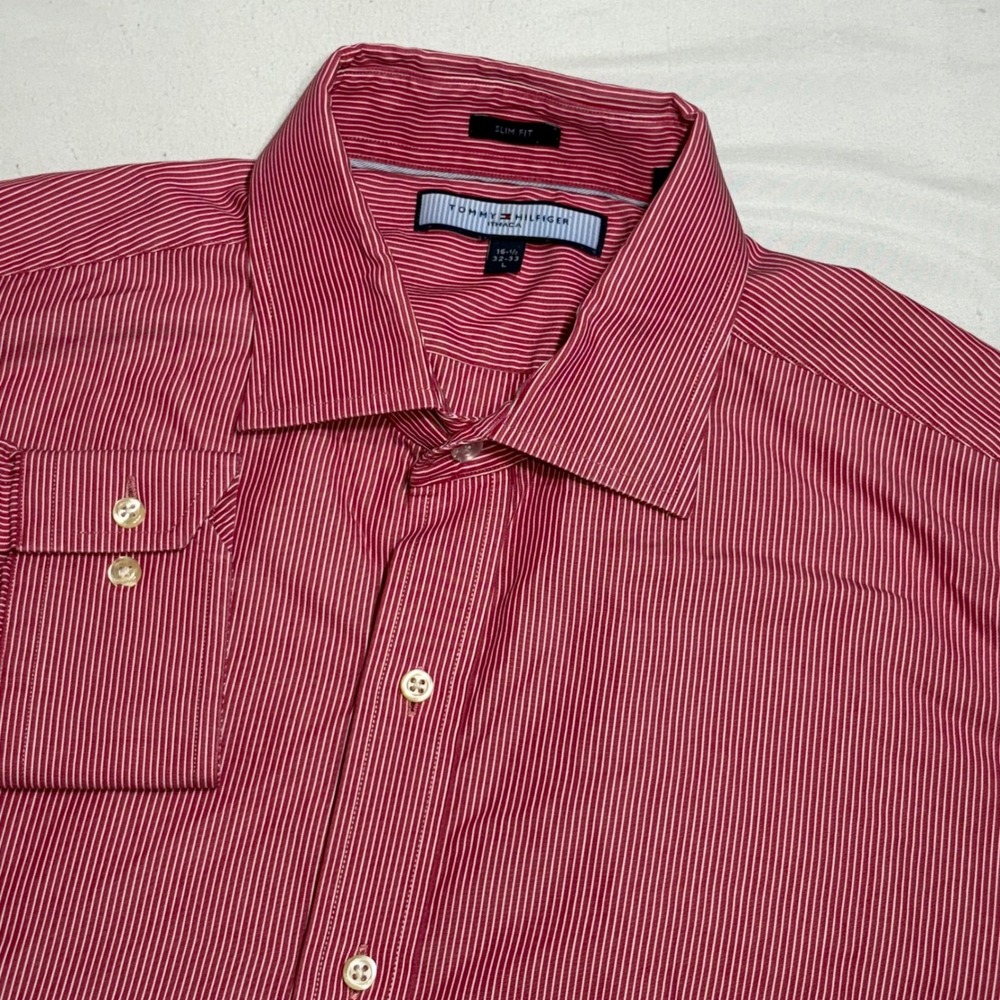 Tommy‎ Hilfiger Ithaca Shirt Men L Red White Pinstripe Slim Fit Cotton Button Up